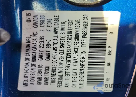 2015 Honda Civic Ex z USA, uszkodzony, nr VIN 2HGFB2F84FH554015